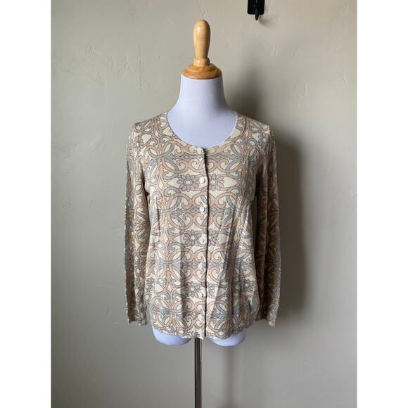 Talbots Black Label Gold Metallic Scroll and Floral Cardigan Sz L Petite NWT - Picture 9 of 11